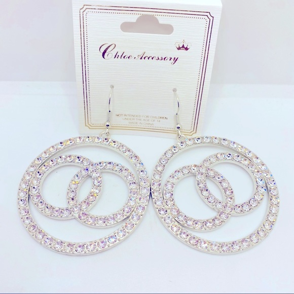 Earrings Crystal Forever Love Circles Silver tone  Pierced Super Brilliant - Picture 7 of 8